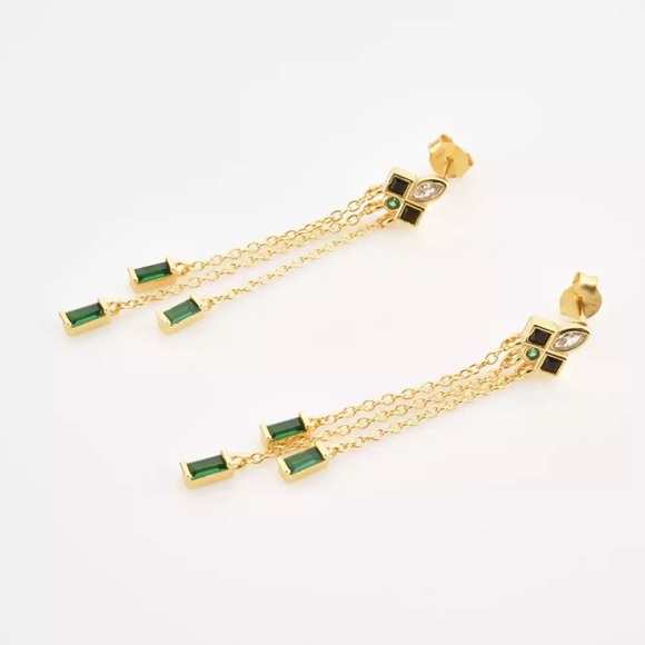 GOLD PLATED STERLING SILVER ART DECO MID CENTURY MODERN EMERALD ONYX DANGLE - Picture 8 of 10